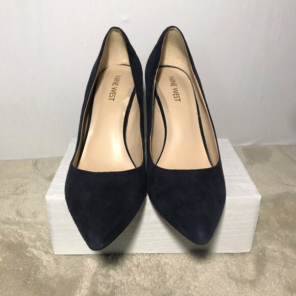 Nine West Etta Shoes Heels Pumps 8 1/2 Navy Blue Point Toe Suede Leather - Picture 3 of 14